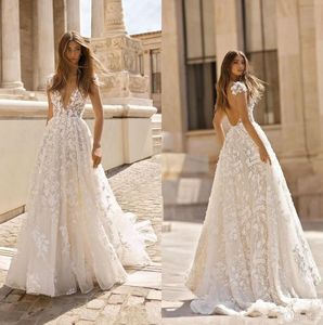Betra Lace Applique Boho Wedding Dresses 2020 Deep V Neck Backless Short Sleeves Bridal Gowns Sweep Train Bohemia Wedding Gowns