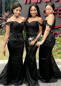 African Mermaid Bridesmaid Dresses Black Off Shoulder Silk Satin Boho Maid of Honor Dresses Lace Formal Billiga Prom Dress 2020 Wedding Guest