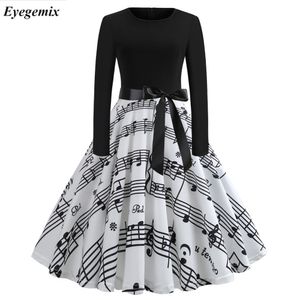 Music Note Print Elegant Party Dresses Women 50s 60s Retro Vintage Robe Rockabilly Dress Plus Size Casual Winter Midi Vestidos