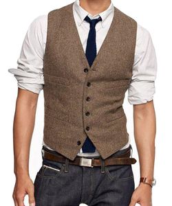 2019 Brown Tweed Vest Wool Herringbone Groom Vests Men's Suit Vests Slim Fit Men's Dress Vest Wedding Waistcoat Plus Size Real Image