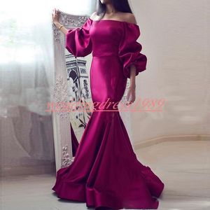 Elegant 2019 African Mermaid Evening Dresses Satin Bateau Neck Short Puffy Sleeve Prom Gowns Vestido de noche Formal Pageant Party Dress