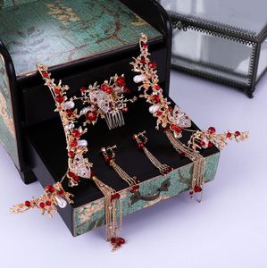 ビンテージゴールドレッド古代中国風ヘアジュエリーセットビーズタッセルヘアスティック花嫁の結婚式ロングドロップイヤリング