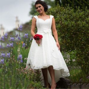 Setwell Sweetheart A-line Wedding Dresses Cap Sleeves Fully Lace Appliques Hi-Lo Bridal Gowns With Bow Belt