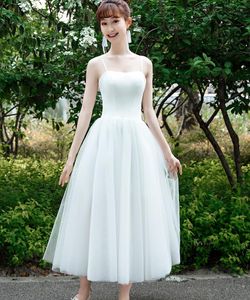 Tea Length Short Wedding Dress With Spaghetti Straps Simple Vintage Satin Tulle Sweetheat Summer Outdoor Bridal Gowns