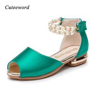 Kids Sandals Girls Princess Shoes 2020 New Summer Child Sandals Fashion Fish Mouth Pearl Girl Sandals High Heels Green Red Black