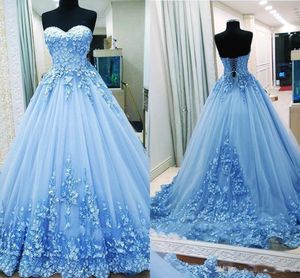 D Floral Blue Gorgeous Applique Prom Dresses Sweethert Neckline Lace Sweep Train Corset Back Guraduation Party Ball Gown Custom Made