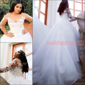 Stunning Plus Size Wedding Dresses With Long Sleeve Lace Sheer Illusion Applique Fall Tulle Cheap vestido de noiva Bridal Gown Ball Bride