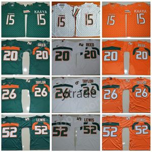 NCAA BRAD KAYA Jerseys Miami Hurricanes College Football 20 Ed Reed 52 Ray Lewis Jersey ACC Orange Green White 26 Sean Taylor S-3XL