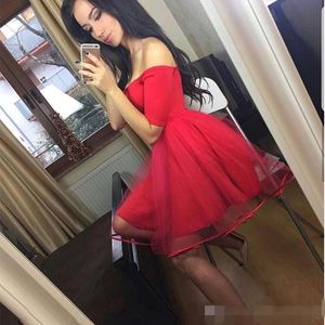 2019 Red Short Sleeves Homecoming Dresses Off The Shoulder A Line Tulle Piping Tail Party Prom Ball Gown Custom Made Vestido 403 403