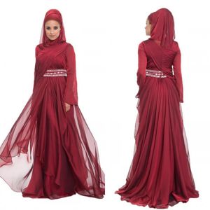 2019 Recién llegados Vestidos de noche musulmanes con Hijab Blusa plisada Rebordear Cintura Fruncido Una línea Vestido de noche árabe de gasa púrpura burdeos