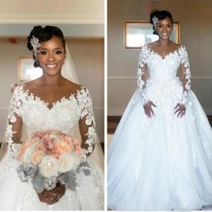 Elegant Lace Long Sleeve Wedding Dresses Ball Sheer Applique Train Country African Plus Size Formal Bridal Gown Bride Vestido de novia