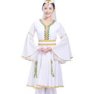 국립 위구르어 댄스 의상 무대 착용 여성 신강 댄서 의류는 가수를위한 흰색 성능 드레스를 설정합니다