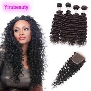 Brazilian Virgin Hair 4 buntar med 4X4 spetsstängning Deep Wave 5 stycken/lot spetsstängning babyhårförlängningar 10-28 tum