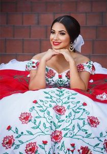 Árabe fora do ombro renda quinceanera vestidos vermelho branco bordado frisado em camadas babados vestidos de baile trem varredura vestidos de princesa