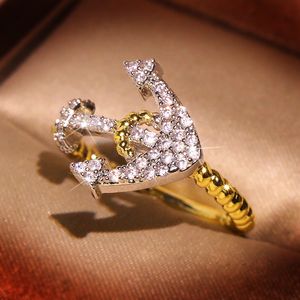 New Gold Anchor with Bling Zircon Stone Ring for Women Man Fashion Jewelry Wedding Engagement Rings Cute GIft