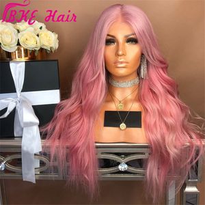 Wysokiej jakości różowy kolor brazylijski koronki z przodu peruka z włosów dziecka naturalna falista syntetyczna peruka przezroczysta koronka dla czarnych / białych kobiet