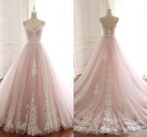 2019 ljus 3d blommor rosa bröllopsklänningar a-line v-nacke pärlstav päls plagg applique spets plus storlek billiga bröllopsklänningar skräddarsydda