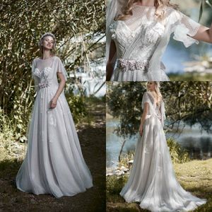 Biały Linia MaisonSignore Czeski Dresses Jewel Neck Krótki Rękaw Aplikacja Ruched Tulle Koronki Suknie Ślubne Sweep Robe de Mariée