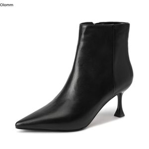 론적 여성 가죽 발목 부츠 6.8 cm 섹시한 높은 뒤꿈치 부츠 세련된 뾰족한 발가락 우아한 검은 베이지 파티 신발 여성 미국 크기 4-8.5