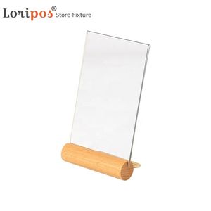 A6 wood menu stand home picture poster frame acrylic photo holder stand wooden base L Shape for table price tag display