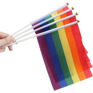Rainbow Gay Pride Stick Flag 5x8 Inch Hand Mini Flag Waving Flags Handhold med Gold Top DC519