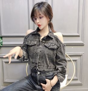 Ny Spring Fashion Women's Turn Down Collar Off Axel Rhinestone Patchwork Short Denim Jeans Coat Casacos Jacket