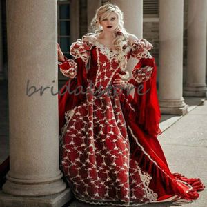 Fantasy Red Queen Gothic Wedding Dresses Halloween Medieval Country Garden A Line Wedding Dress With Lace Long Sleeves Corset Brid271m