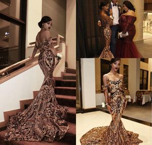 2019 Luxury South African Mermaid Prom Dresses Off Shoulder Black Girls Gold Sequines Holidays Graduation Wear Plus Size Evening Gowns