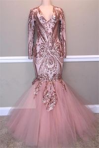 2019 Blush Pink Sequined Mermaid Prom Dresses Sexy Shinny Long Sleeve Formal Party Gown Plus Size Trumpet Pageant Dress Custom Made