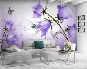 Personalizado floral romântico papel de parede 3D bonito da fantasia roxo da flor da borboleta 3D Decoração Silk Mural Wallpaper