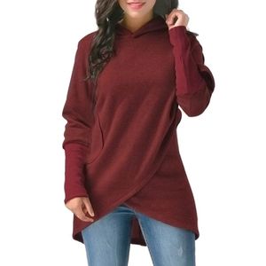 Fashion-Feitong Felpe da donna Solid Causal Manica lunga con cappuccio Asimmetrico Hem Wrap Felpa con cappuccio Felpa Pollover Tops sudaderas mujer