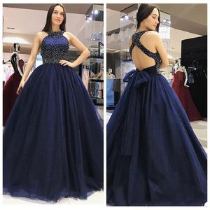 Navy Blue Jewel Neck Beaded Top A-Line Quinceanera Dresses Sexy Tulle Sequined Criss Cross Back Formal Long Party Gowns Sweet 15 Dresses