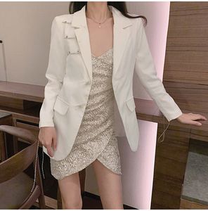 New design women's sweet pink color rhinestone patchwork shinny buttons pin patchwork personality medium long blazer suit coat SML
