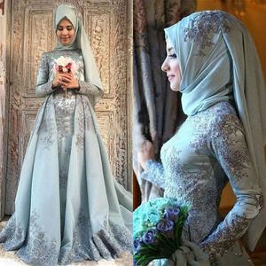 Muslim Arab Blue Prom Dresses Long Sleeves High Neck Silk Satin Middle East Formal Dresses Evening Wear Lace Turkish Reception Gowns 2019