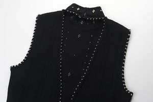 Moda-2018 Summer Black Stand Collar Bez Rękawów A-Line Kobiety Sukienka Brand Seri Style Crystals Button Vestidos de Festa 13