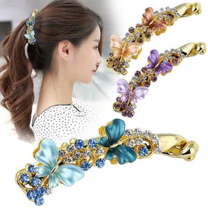 Women Butterfly Banana Hair Clip Claws Crystal Rhiestone Flying Hairpin Vintage Barrettes Ponytail Holder Accessories