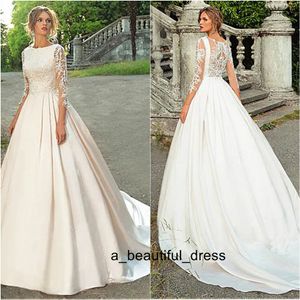Cheap Wedding Dress Long Sleeve A-line Lace Appliques Satin Bridal Dress With Beaded Princess Wedding Dress free shipping