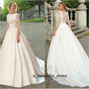 Billiga Bröllopsklänning Långärmad A-Line Lace Appliques Satin Bridal Klänning Med Beaded Princess Bröllopsklänning Gratis frakt