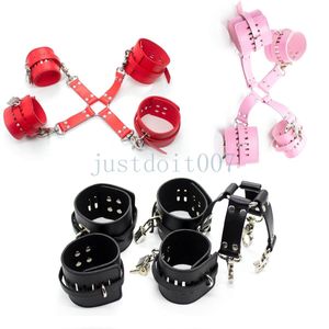 Hog slips 5pc set rollspel handcuff ankel hogtie pu läder manschettbegränsning bondage A56