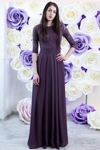 2019 Dark Purple Lace Chiffon A-line Long Modest Bridesmaid Dresses With 3/4 Sleeves O Neck Women Rustic Modest Wedding Party Dress