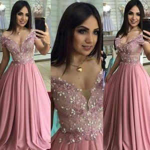 Nowy Arabski Linia Prom Dresses Off Shoulder Illusion Różowe Koronki Perły Szyfonowe Długie Plus Rozmiar Party Suknie Vestidos Formalna suknia wieczorowa