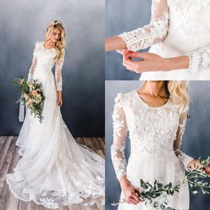 Abiti da sposa con applicazioni di pizzo floreale modesto 3D con maniche lunghe Collo gioiello Primavera Boho Abiti da sposa da giardino Sweep Train Spose formali Robes de Mariee AL3228