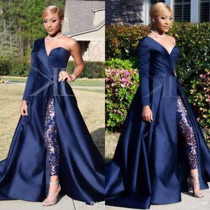 Navy Blue Evening Dresses 2019 Sexy One Shoulder Sleeve Jumpsuit Prom Gowns Soft Satin Court Train Formal Party Dress