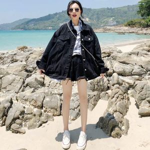 Frühling Herbst Frauen Koreanische Übergroße Jeans Jacke Outwear Lange Hülse Lose Kurze Denim Mantel Preppy Schwarz Jean Jacke