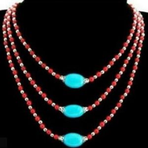 KOSTENLOSER VERSAND + + + 3S Tibet-Stil Tibetsilber atemberaubende Halskette mit feinen roten Korallenperlen