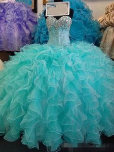 Ruffles quinceanera pärlklänningar älskling älskling halsringer paljetter skräddarsydda sveptåg tiered tävling boll klänning vestidos