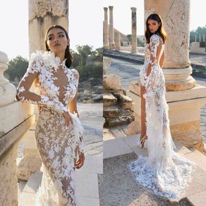 Saudi Arabia Mermaid Wedding Dresses 2020 Sheer Long Sleeves High Collar Illusion Lace Applique Side Slit Boho Wedding Dress robes de mariée