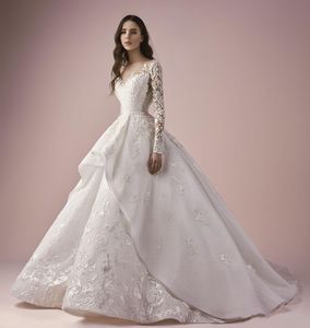 2020 New ace Ball Gown Wedding Dresses Sheer Bateau Neck Modest Bridal Gowns With Sleeve Floor Length Plus Size Modern Wedding Dress