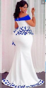 Royal Blue Satin Mermaid Plus Size aftonklänningar Afrikan från axelapplikationerna Peplum Formal Party Prom Dresses214V