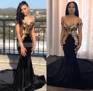 Prom Dresses Sexy Gold Metal Applique Mermaid Long Prom Dresses Black Off the Shoulder Satin Sweep Train Formal Party Evening Gowns Bc0991